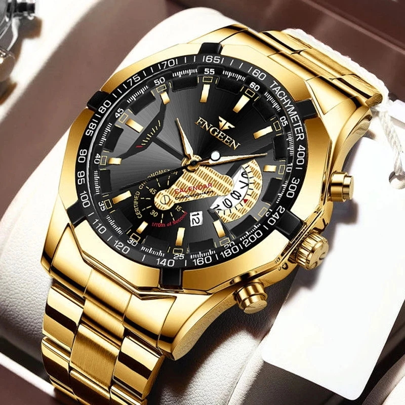 FNGEEN Luxury Men s Watches Stainless Steel Band Fashion Waterproof Quartz Watch For Man Calendar Male