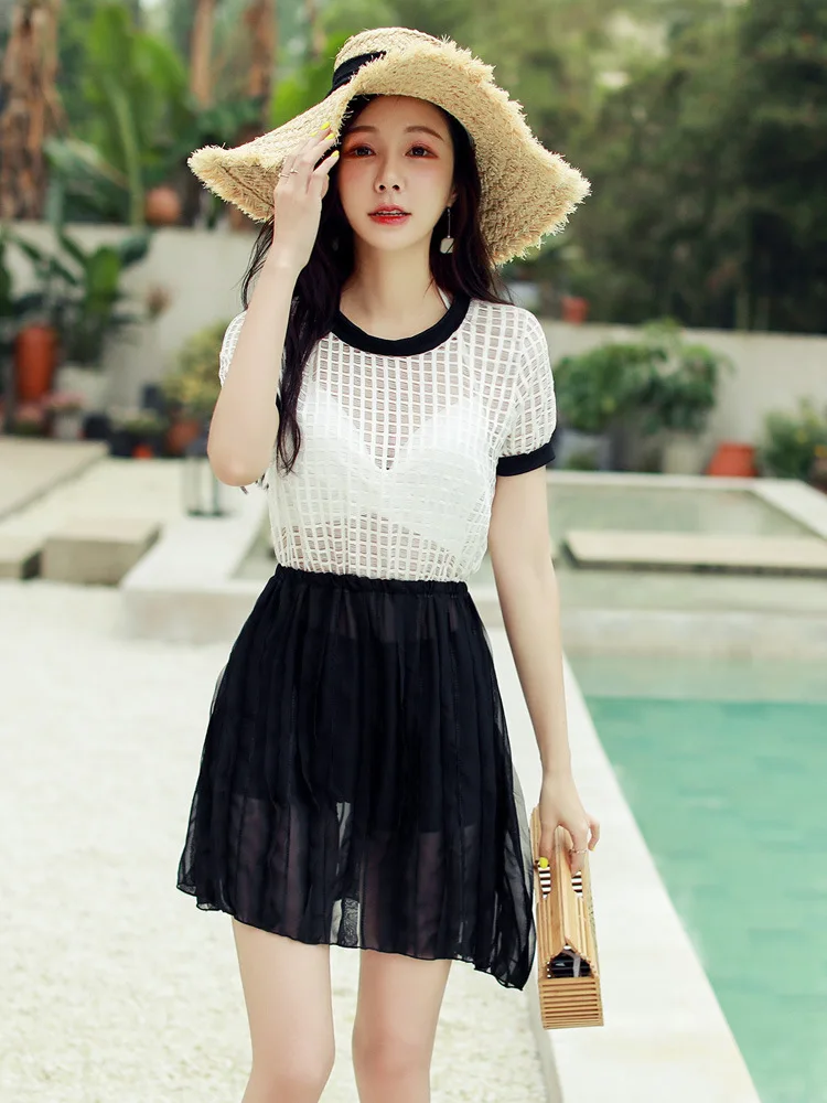 

2019 New Style Bathing Suit Fashion Sexy Underwire Bikini Boxer Overskirt Hot Springs Conservative Three-piece Set Bathing Suit