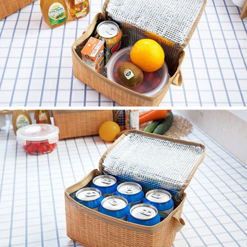 Портативный изолированный термохолодильник Ланч-бокс для детей, холст, имитация ротанга, Ланчбокс, сумка, контейнер для еды, Bento box для пикника
