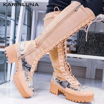 

Dropship High Quality High Heels woman shoes Mixed Color Round Toe Knee High Boots Cross-tied Autumn Zip Female Patchwork