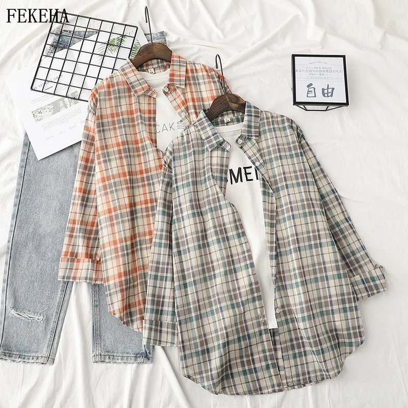 Summer Women Plaid Shirts Long Sleeve Blouses And Tops Loose College Style Thin Sun Protection Clothing Female Girls Clothes Summer Women Plaid Shirts Long Sleeve Blouses And Tops Loose College Style Thin Sun Protection Clothing Female Girls Clothes