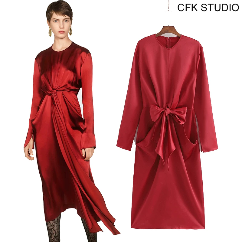 Женское шелковое платье с круглым вырезом ZA mididress длинным рукавом и галстуком
