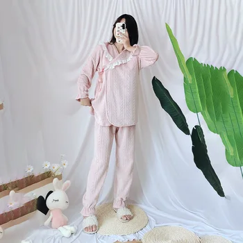 

Flannel Ruffle Sleeve Women's Two Set Pajamas Patchwork Female 2 Pieces Sets 2020 Autumn Winter Fashion Sweet Ladies Nightgown