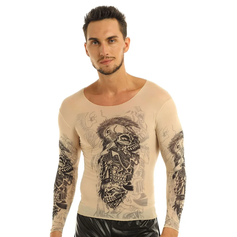 FEESHOW, Мужская эластичная футболка с длинными рукавами и имитацией татуировки, свитер, тату, Сетчатая футболка с круглым вырезом для костюмов на Хэллоуин, карнавальные рубашки