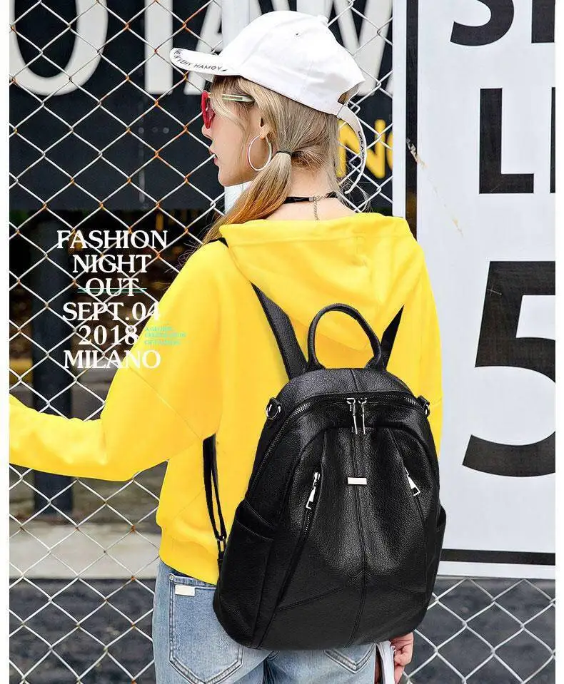 Женский рюкзак из искусственной кожи, женская сумка, черный мягкий высококачественный однотонный рюкзак, женский рюкзак с несколькими карманами для путешествий