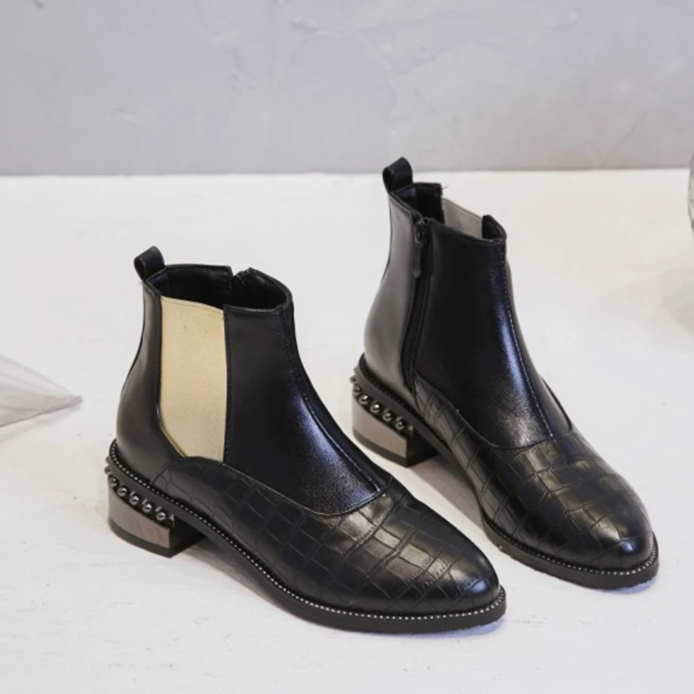 Ceny Pojedyncza róża zimowe buty damskie do kostki gumką okrągłe Toe buty na kwadratowym obcasie sztukateria Chelsea wysokie obcasy buty z mikrofibry XZ31