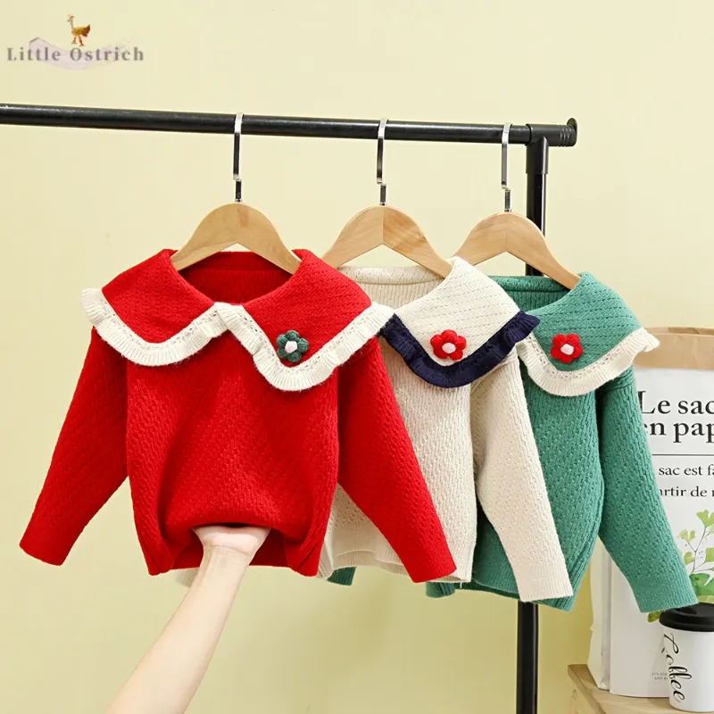Фото Вязаный свитер для новорожденных девочек Рождество Осень-зима топ с воротником