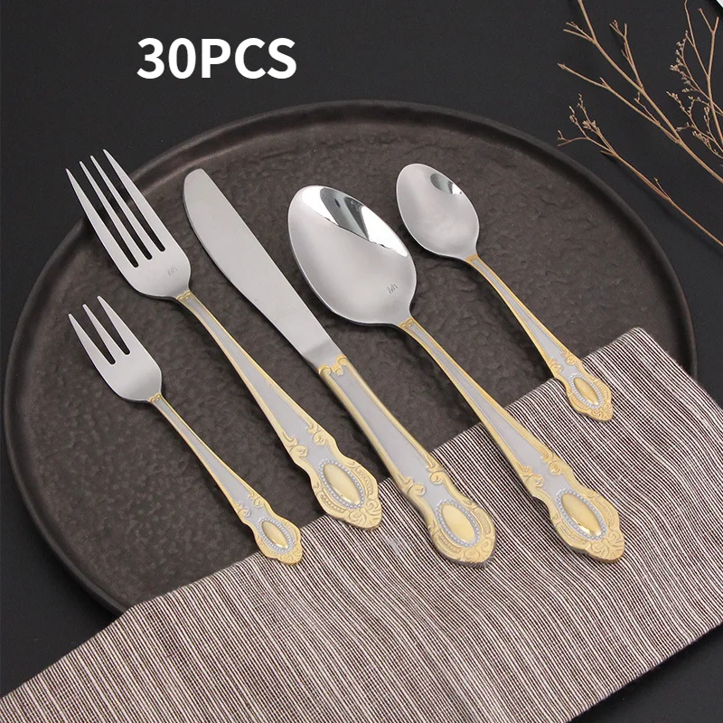 

5 sets of 30 pieces court vintage carved Western food stainless steel knife and fork spoon