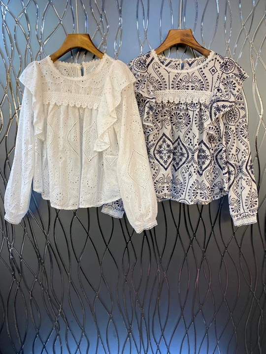 aww new women's round neck water soluble hollow wood ear edge splicing decoration long sleeve versatile top 1108