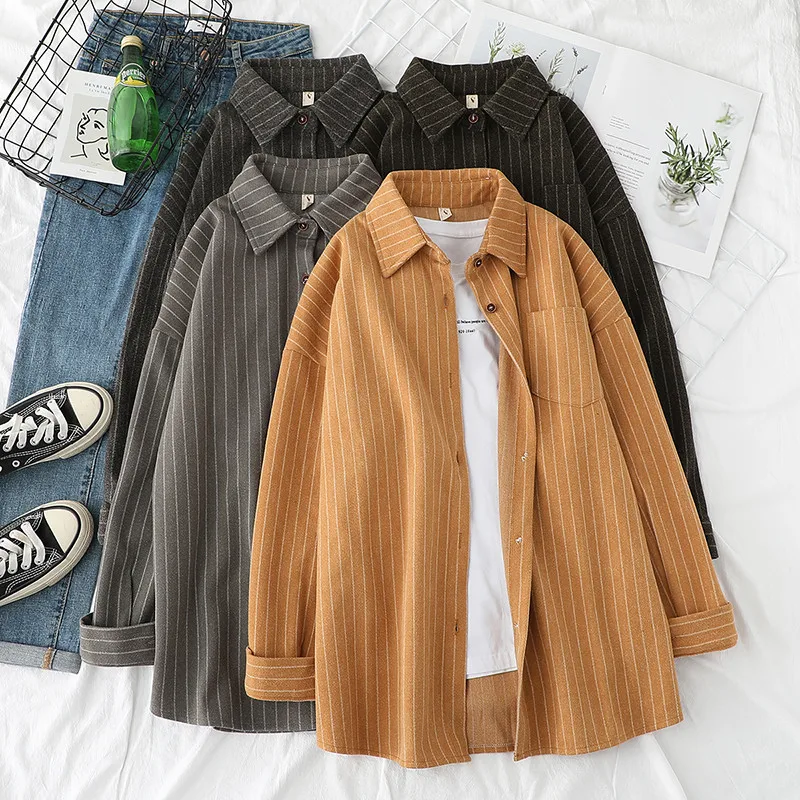

Woolen Striped Women Blouses Shirts Tunic Womens Tops And Blouses 2020 Womenswear Long Sleeve Clothing Button Up Down Loose New