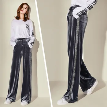 

Bonjean Women Elegant Tweed Plaid Wide Leg Women Pants Houndstooth Checkered Zipper Fly Pockets Female Office Wear Trousers