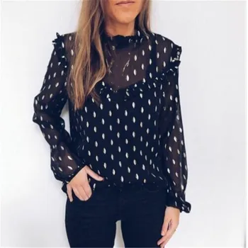 

Female Polka Dot Chiffon Blouses New Long Lantern Sleeves Loose Casual Tops Wear Ladies See-through Black Autumn Spring Pullover