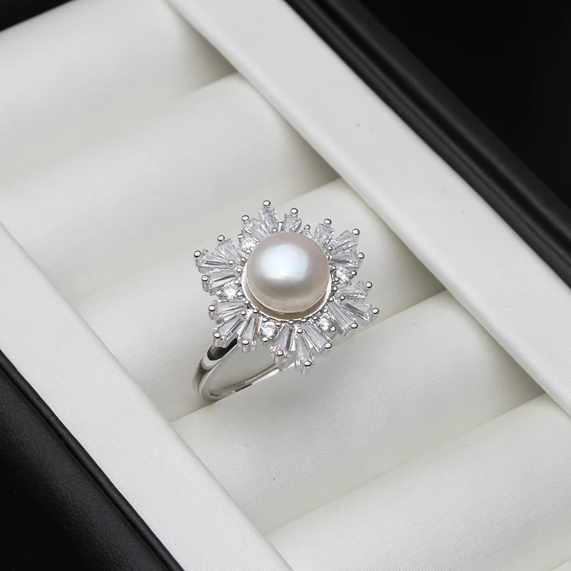 Real 925 Sterling Silver Ring With Pearls Woman,Trend Adjustable Natural Freshwater Pearl Ring Wife Mother Birthday Gift Black