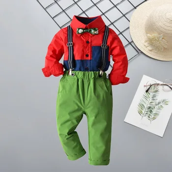

Explosion models 3-8 year old baby Christmas clothing children boys baby long sleeve stitching color shirt bow suspenders suit
