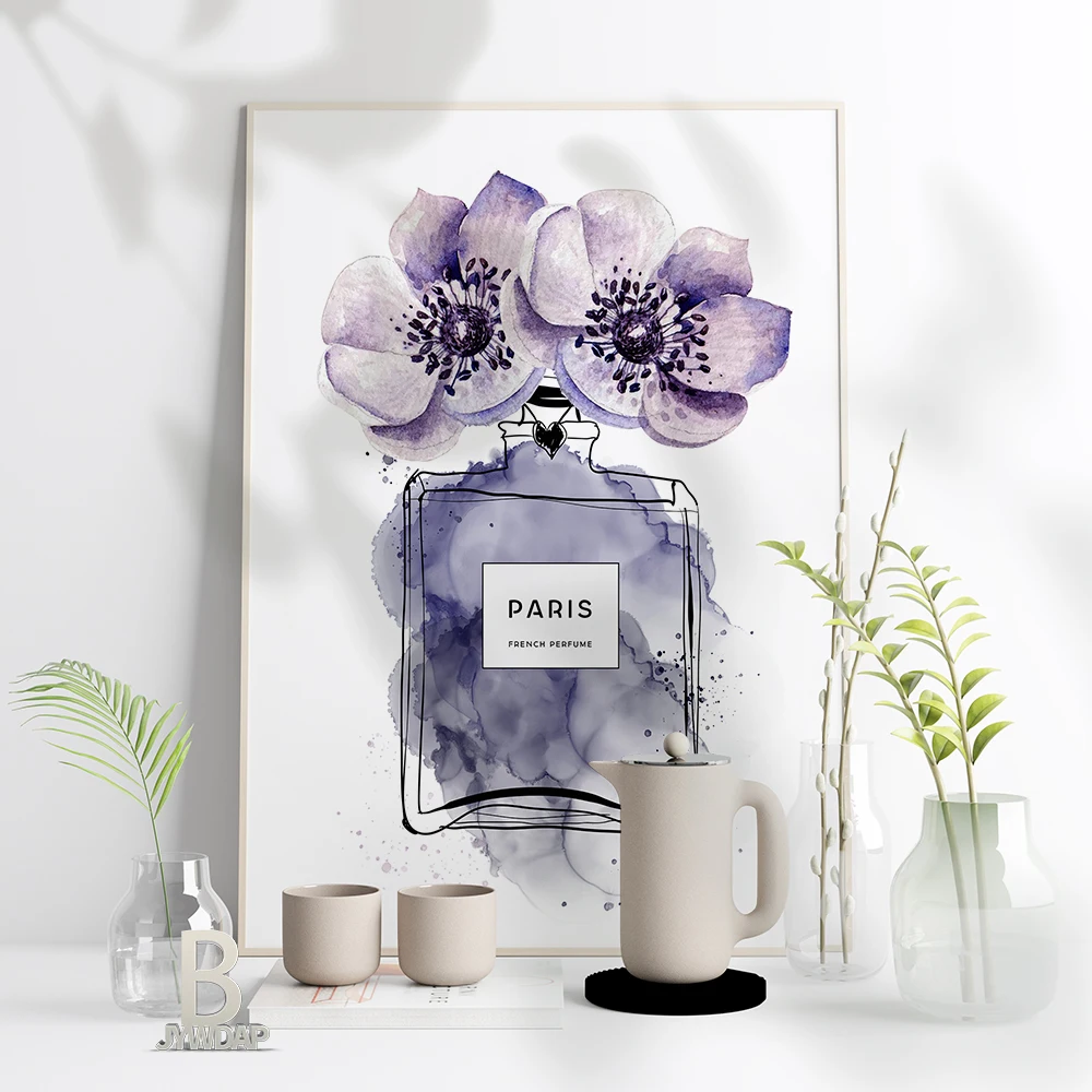 Purple Flower Watercolor Perfume Bottle Posters Wall Art Canvas Painting  Fashion Flowers Prints Living Room Home Decor - AliExpress