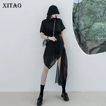 

XITAO Original Black Sense Design Irregular Temperament Short Sleeve Elastic Waist Dress 2020 Summer Fashion Women Dress DMY4155