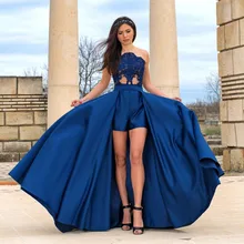 Robe de bal longue en Satin pour femmes, avec des appliques en dentelle, avec traîne détachable, robe de soirée formelle, personnalisable 