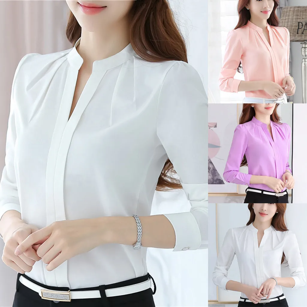 Women Brief Office Work Wear V Neck Shirts Long Sleeve Casual Tops Blouse white shirt women womens blouses and tops High quality Women Brief Office Work Wear V Neck Shirts Long Sleeve Casual Tops Blouse white shirt women womens blouses and tops High quality