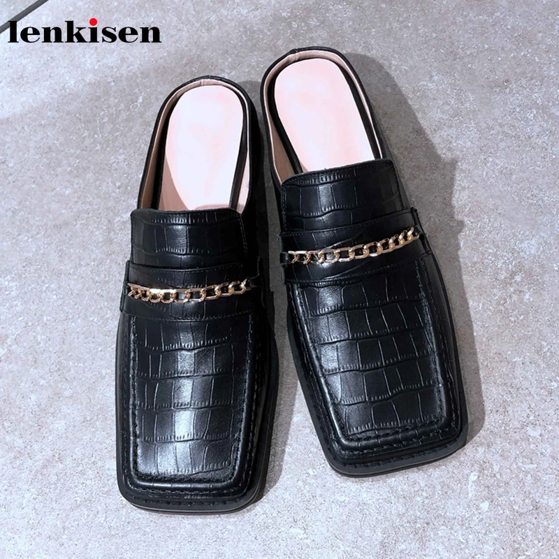

Lenkisen full grain leather Internet popular metal chains slip on square toe outside leisure shoes fashion women slippers L03