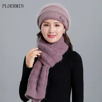 

Women Winter Fur knitted Hat scarf Set Beautiful Lady Flowers Caps Headgear Warm Beanies Women's Hats Rabbit Fur Knitted Beanies