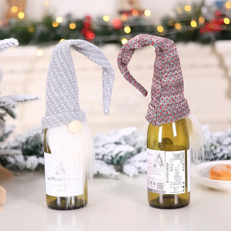 Christmas Accessories Set Wine Bottle Cover Long Beard Santa Doll Family Dinner Decor