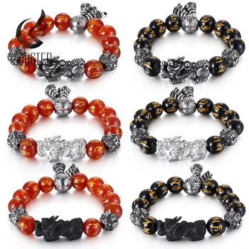 

Fongten Dragon Charms Beads Bracelet Men Natural Stone Stainless Steel Blessing Beaded Bracelets for Men's Fashion Gift 2020