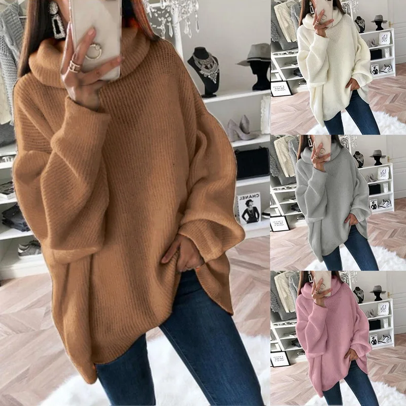 SFIT Casual Loose Autumn Winter Turtleneck Sweater Women Solid Knitted Sweaters Warm Long Sleeve Pullover Sweater Black Pink