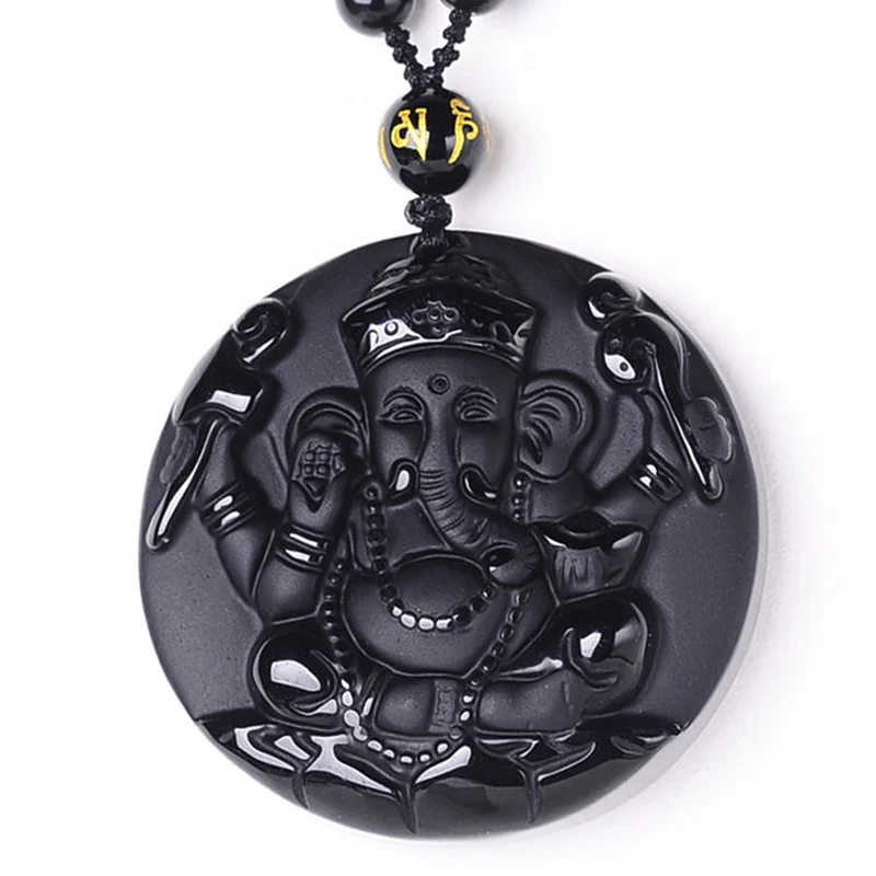 

Drop ship Ganesha Pendant Black Obsidian Jade Pendant Carved Ganesh Elephant Lucky Pendants Free Necklace Fine Crystal Jewelry