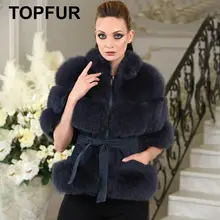 TOPFUR, модное зимнее приталенное пальто с поясом, пальто из натурального меха, Женское пальто из натурального меха голубой лисы, пальто с коротким рукавом и круглым вырезом, кожаная куртка