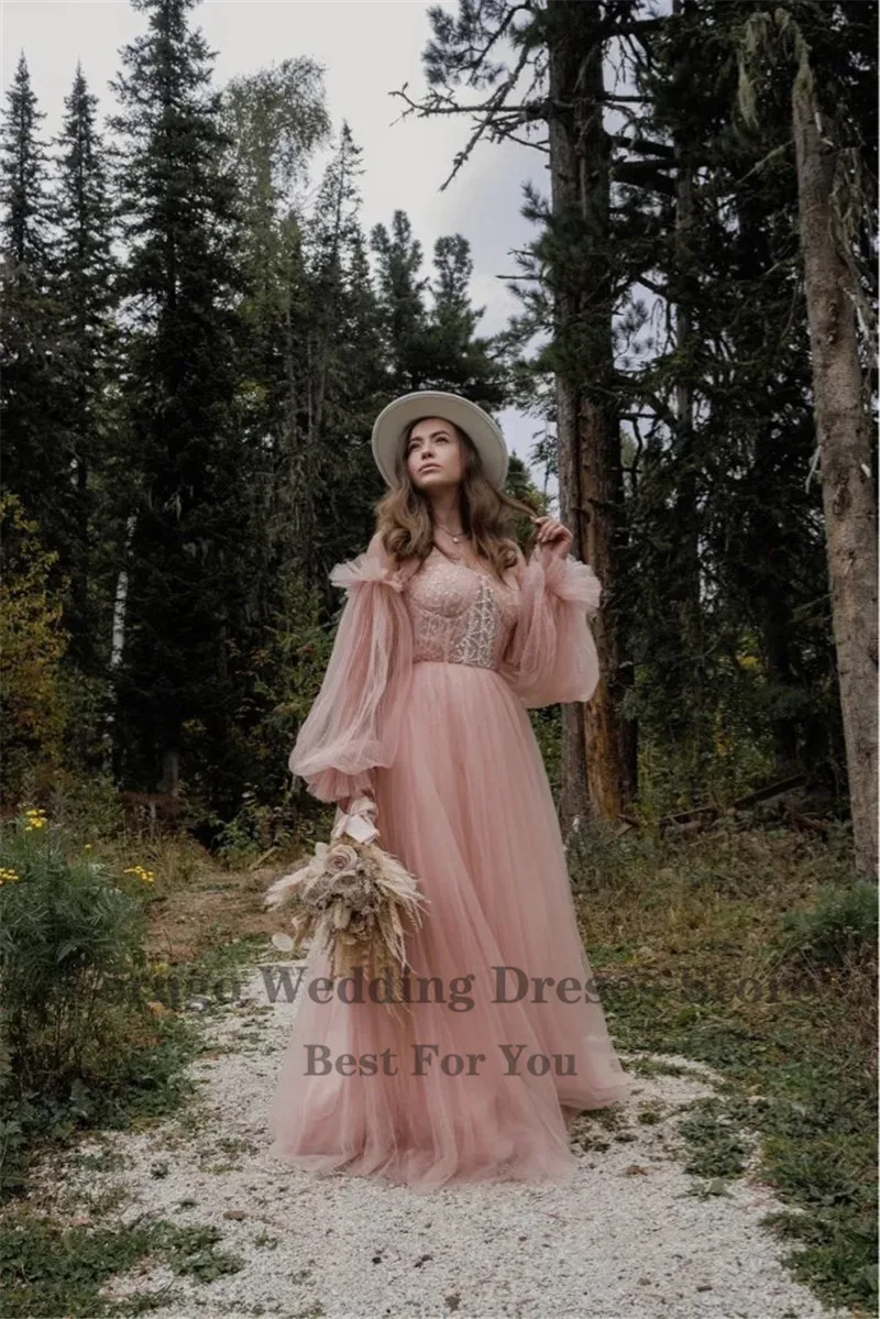 Verngo Dusty Pink Tulle A Line Sweetheart Wedding Dress With Detachable Puff Long Sleeves Garden Country 2021 Bridal Gowns