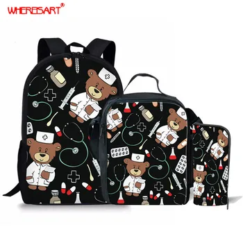 

WHEREISART School Bag for Teenage Children Cute Nurse Bear Student Backpacks Cartoon Pattern Large Capacity School Shoulder Bags