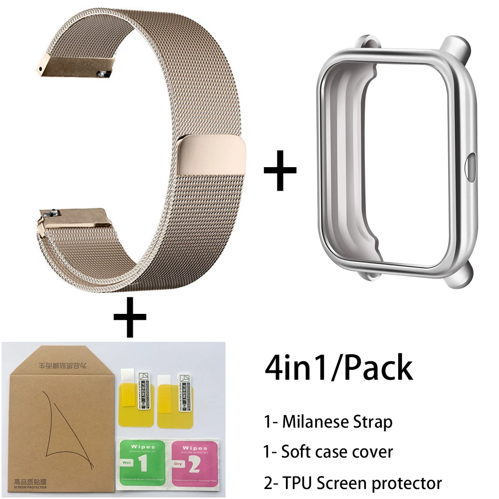 Champagne-Silver cas 4in1 Smartwatch Accessories For Xiaomi Huami Amazfit Bip Strap Stainless Steel Bracelet Magnet With Plating Case Protector Film - Цвет: Champagne-Silver cas