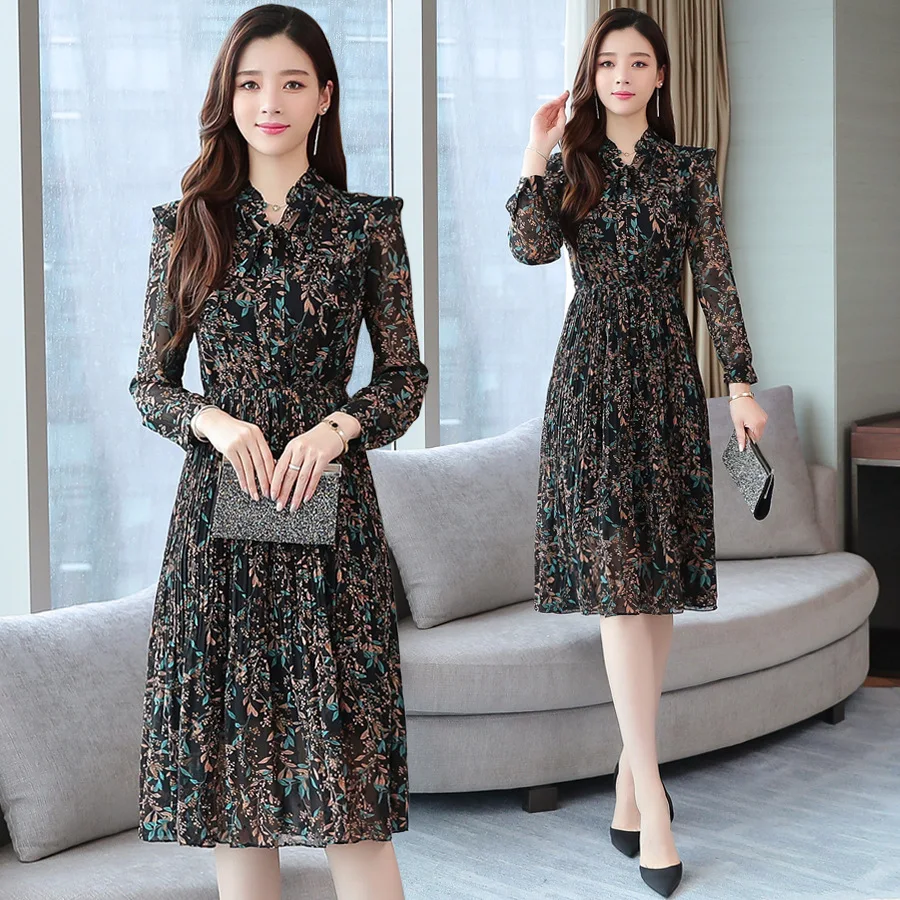 

2019 Floral Dress Spring And Autumn New Style WOMEN'S Dress Korean-style Mid-length Chiffon High-waisted Belly Covering over-the