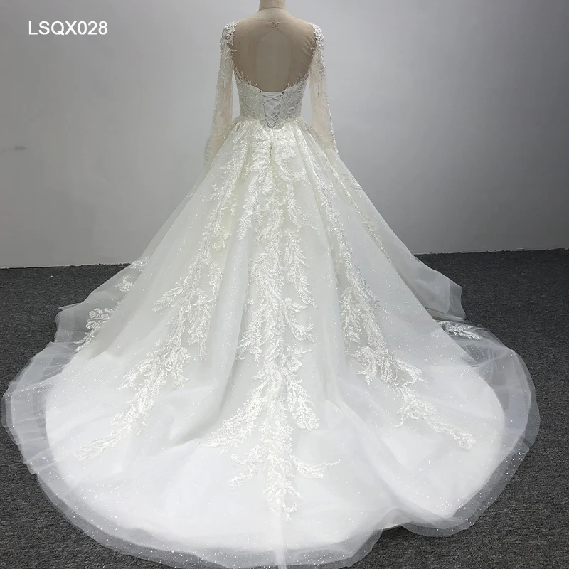 LSQX028 2021 princesse luxury wedding dress long sleeve v neck plus size a line wedding dress vestido de novia para boda civil 2