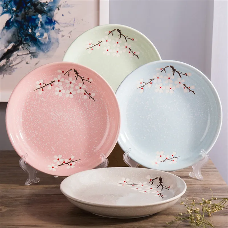 Японский цветочный круглый керамический обеденный тарелка глазурь вишневый цвет фарфоровая тарелка неглубокая Тарелка Фруктовый десертный поднос тарелки для закуски тарелка