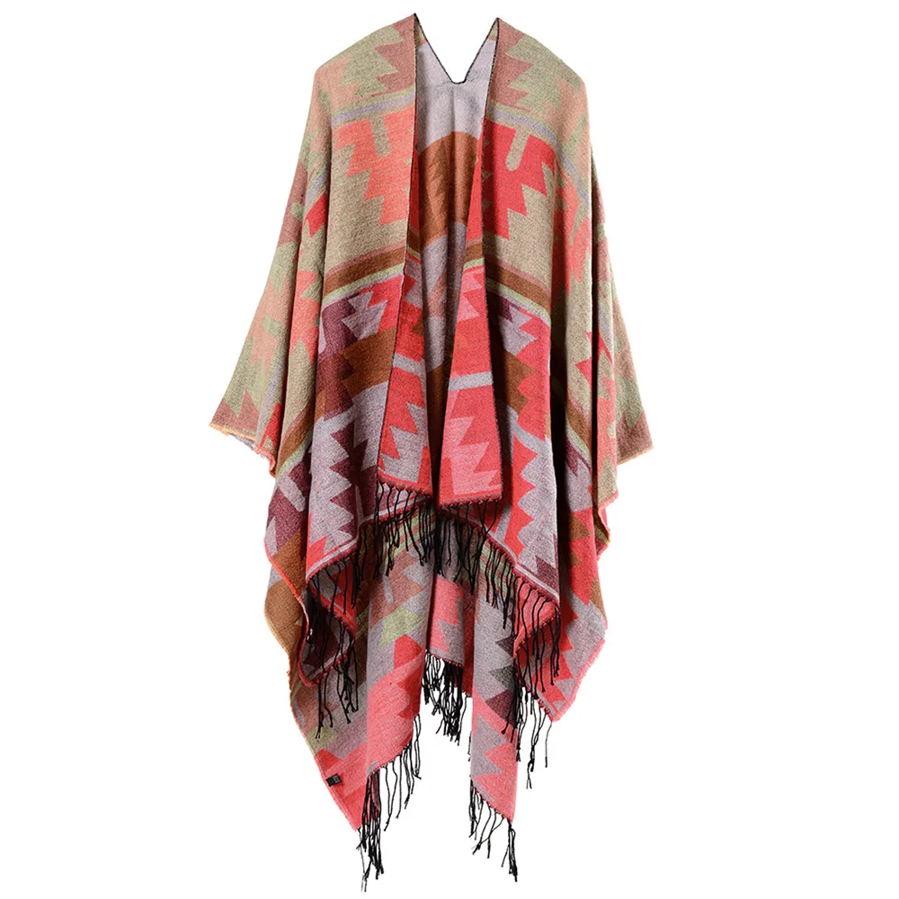 

spring fall Women coat Girls Winter Warm ethnic style plaid tassel Reversible Blanket Poncho Cape Cloak Shawl streetwear jacket