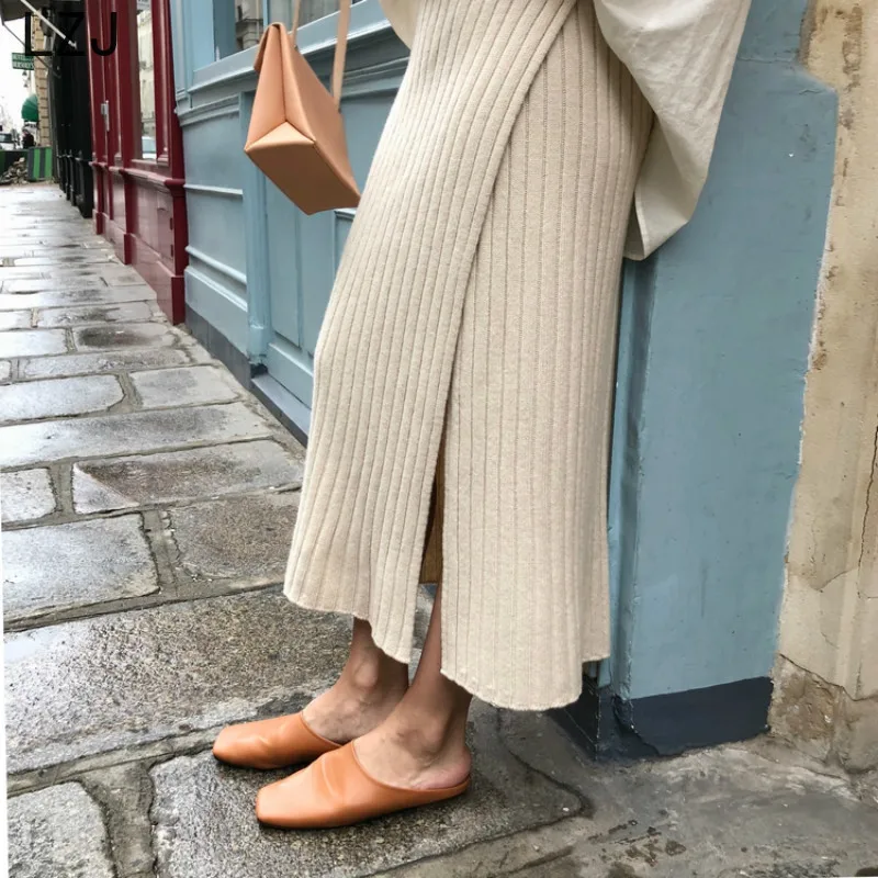 

LZJWomen Autumn Winter Split Cashmere Long Midi Pencil Skirt Female Pit Line High Waist Elegant Slim Jupe Longue Femme Hiver