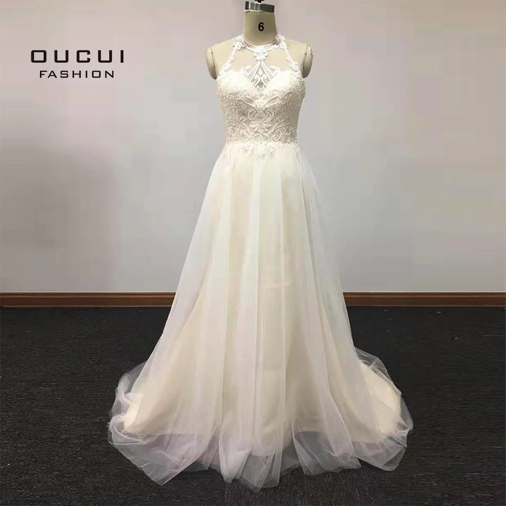 Vestido De Noiva/Длинные свадебные платья из тюля с вышивкой, большие размеры, а-силуэт, кружевные свадебные платья без рукавов с открытой спиной OL103602 - Цвет: White
