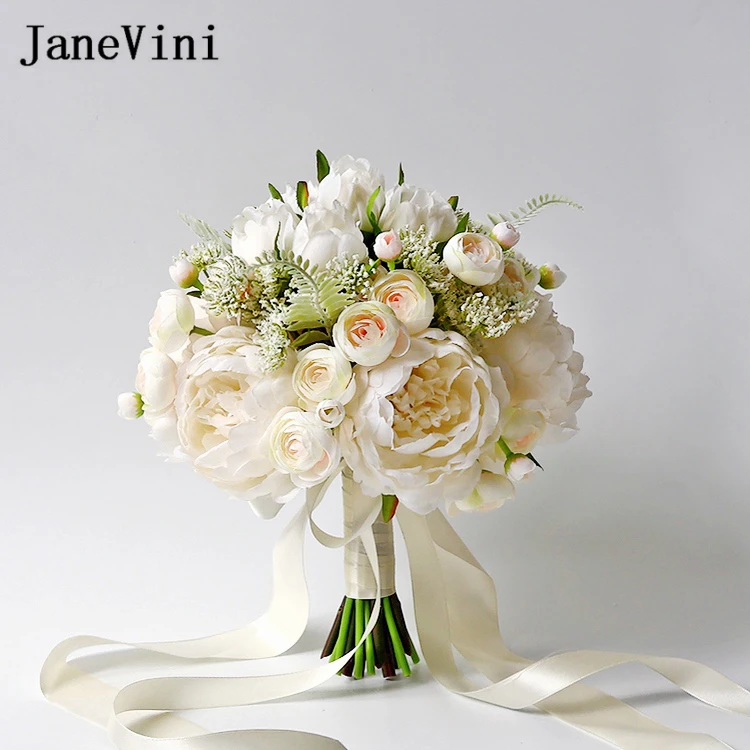 

JaneVini White and Ivory Bride Flowers Artificial Rose Bouquet Fleur Bruid Wedding Bouquets Silk Peonies Bridal Hand Accessories