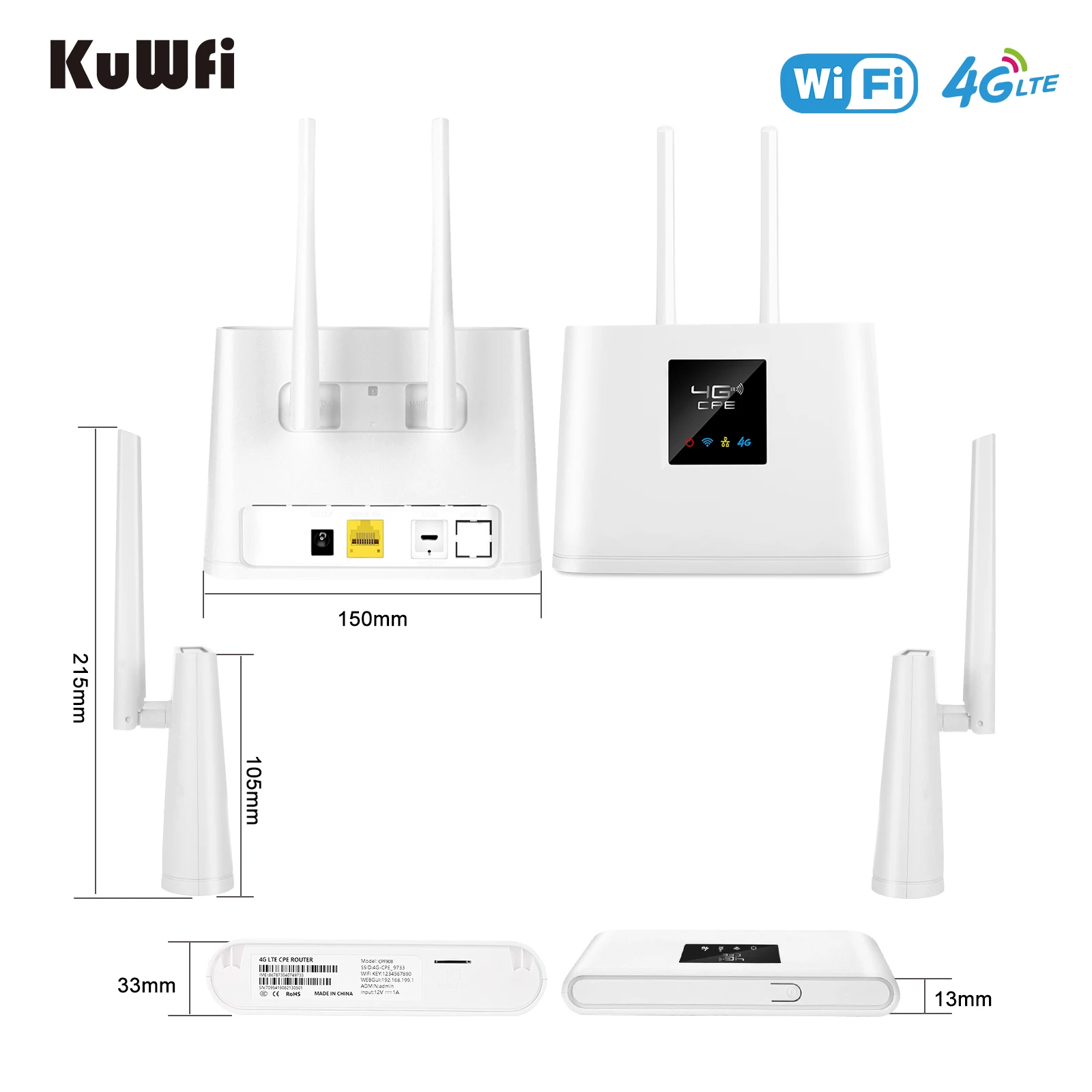 KuWFi Router 4G LTE 150Mbps 4G SIM WIFI Router Modem Unlocked with 2pcs External Antennas WAN/LAN Port SIM Card Slot VAT Include