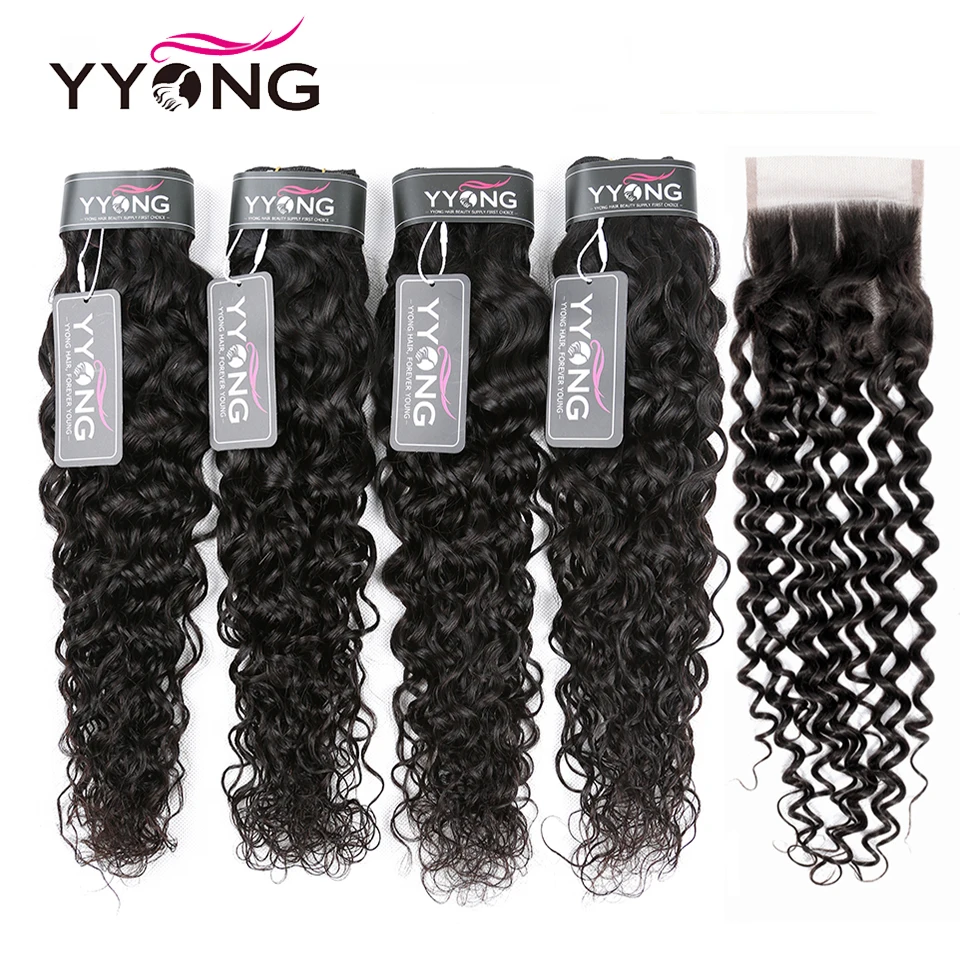 

Yyong 3/4 Water Wave Bundles With Closure Brazilian Hair Weave Bundles With Closure Human Hair Bundles With Closure Non Remy