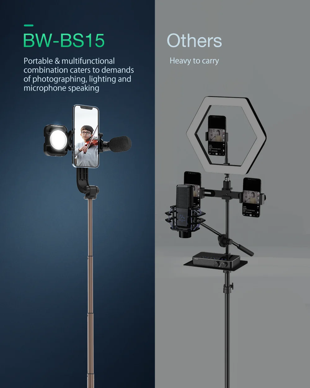 BlitzWolf BW-BS15 Tripod Selfie Stick with Fill Light & Microphone description image 4