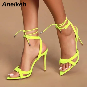 

Aneikeh Fashion Stretch Fabric Women Shoes High Heels Sandals Summer Cross Tied Lace Up Peep Toe Party Sandals Pumps Size 35-41