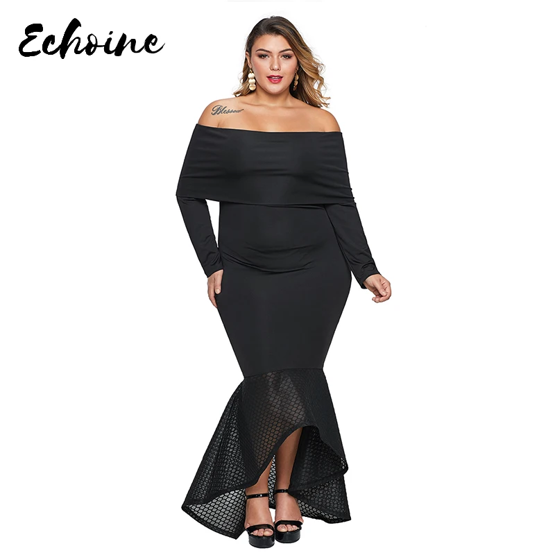 Черное платье с открытыми плечами, рыбий хвост размера плюс, макси платье для женщин, плюс размер, 5XL, 4XL, 3XL, Hi-low Hem, облегающее, вечерние, обтягивающее платье