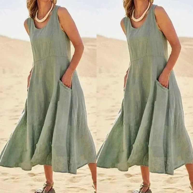 2021 summer women&amp#39s sleeveless cotton and linen solid color Beach Dress |