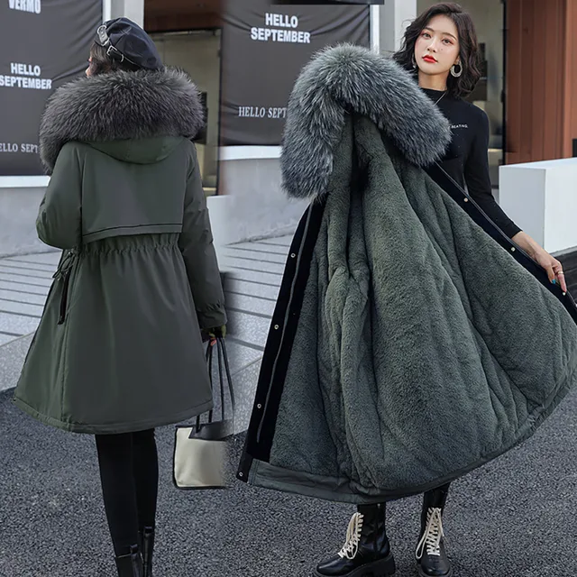 Vielleicht Winter Jacket Women Thick Parkas Long Fur Liner Hooded Winter Coat Women Cotton Padded Jacket Gilrs Jaqueta Feminina green