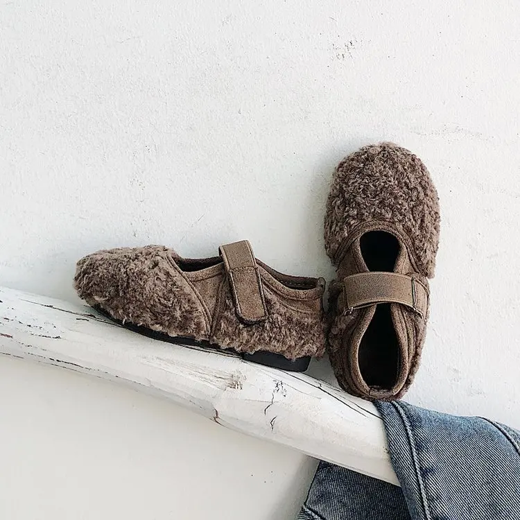 Brown Winter Kid's Shoes Boots Hook& Loop Solid Round Toe Casual Neutral Flat Heels Flock Non-slip TL-16 - Color: Brown
