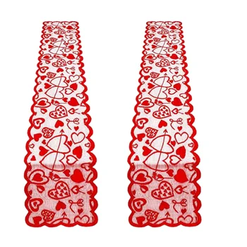 

2 Pcs Table Runner, Red Heart Print Decorations Lace Love Table Runner for Home Wedding Party/Thanksgiving/Mother's Day/Valentin