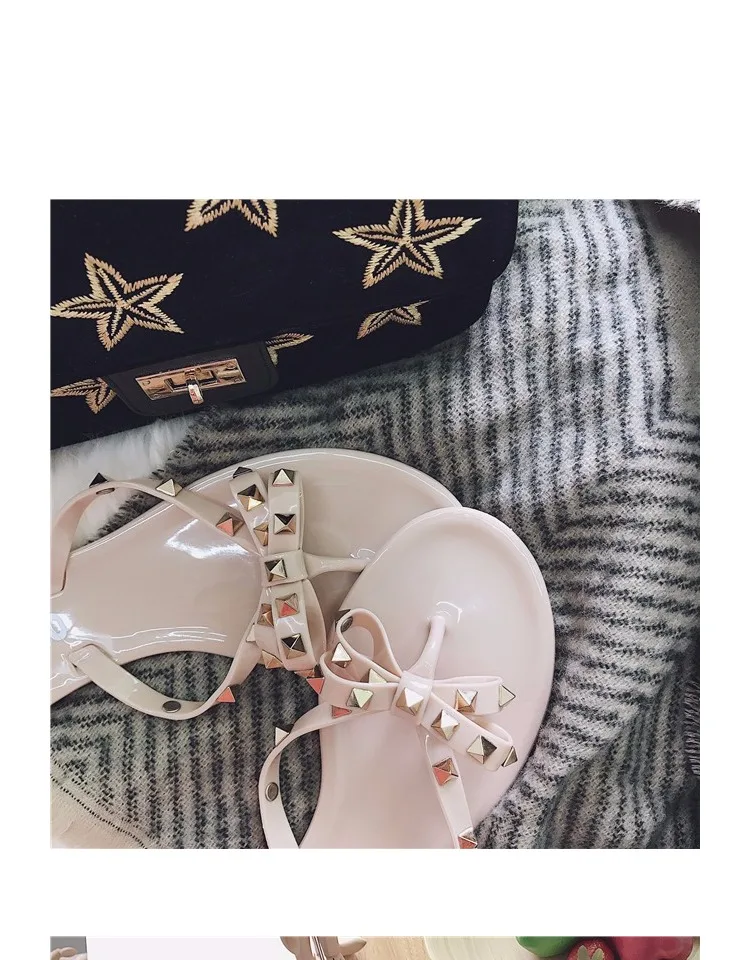 fashion women sandals flat jelly shoes bow V flip flops stud beach shoes summer rivets slippers Thong sandals nude