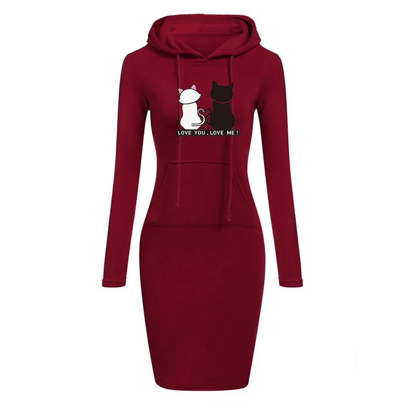 Funny Cat Print Women Hoodies Sweatshirts Long Sleeve Dress Vestidos Winter Woman Clothing Hooded Drawstring Pocket Pullover